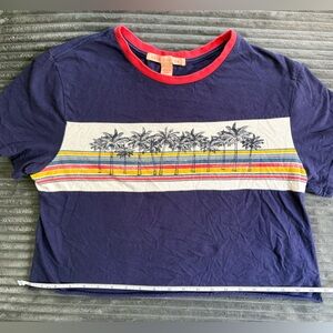 Rebellious One Navy Cotton Crop Top with Palm Trees and Stripes
